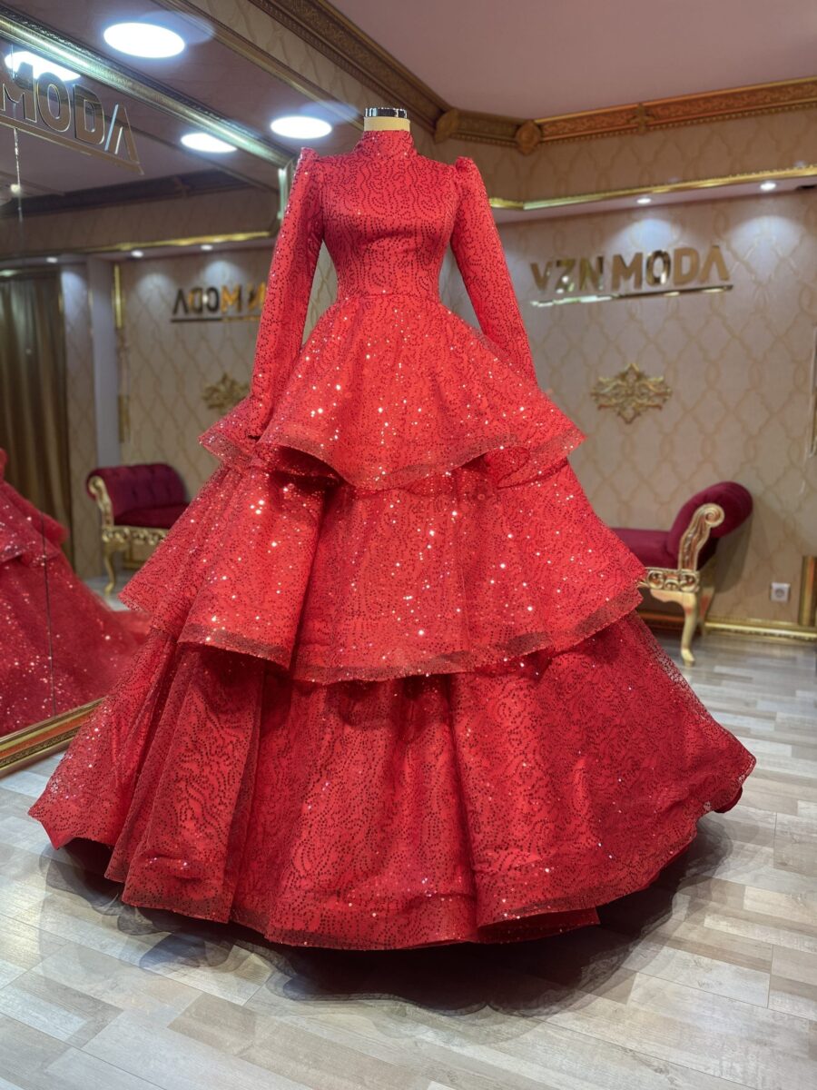 Ahuzar Model Kırmızı Tesettür Kınalık Nişanlık - Görsel 6