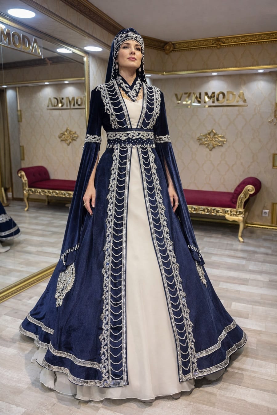 Ahu İşlemeli Lacivert Kaftan Kınalık