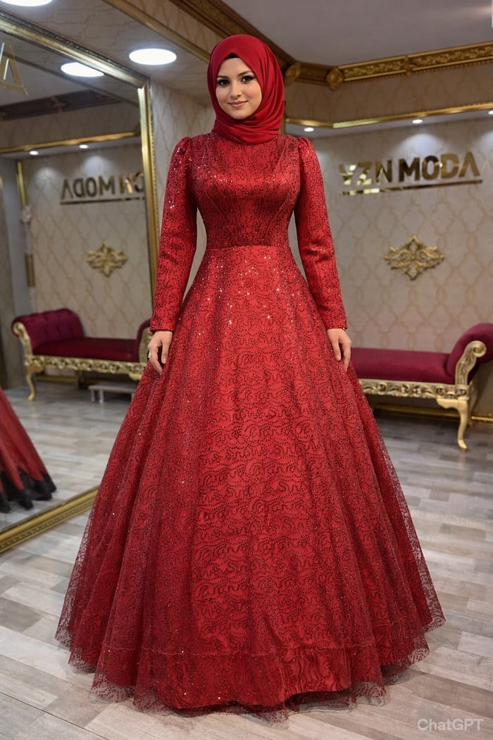Cemre Model Kırmızı Tesettür Kınalık Nişanlık