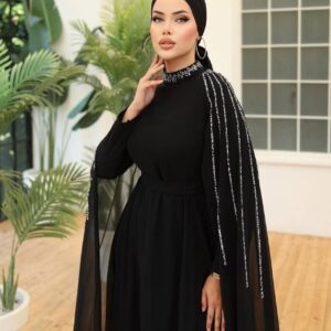 Lina Siyah Pelerinli Taşlı Tesettür Abiye