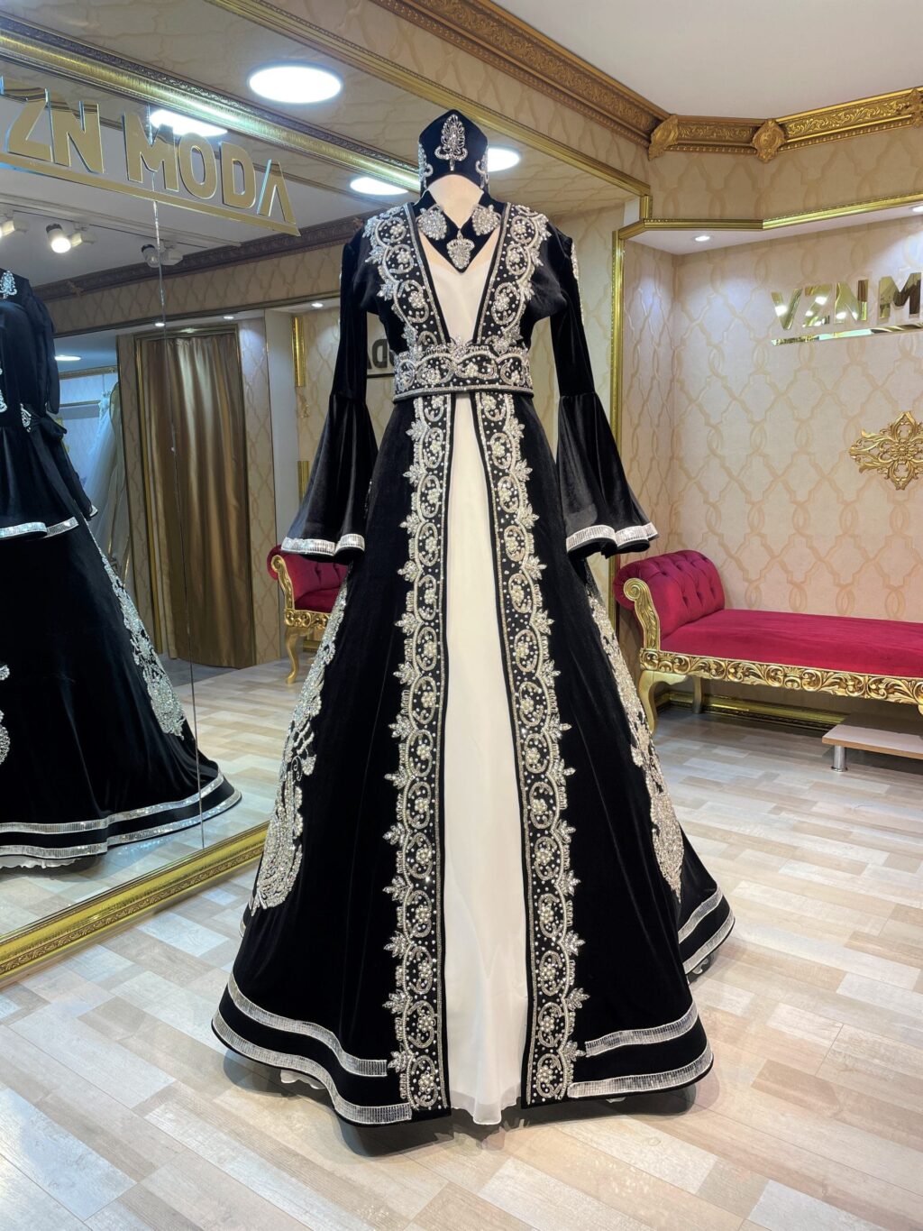 Nigar Siyah Kadife Kınalık Kaftan Bindallı - Görsel 7