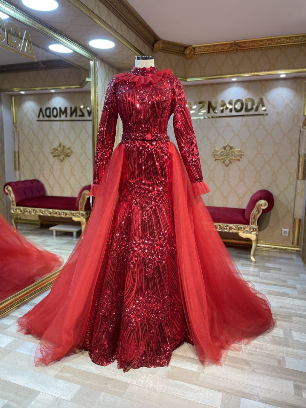 Açelya Kırmızı Tesettür Nişan Kına Abiye - Görsel 4