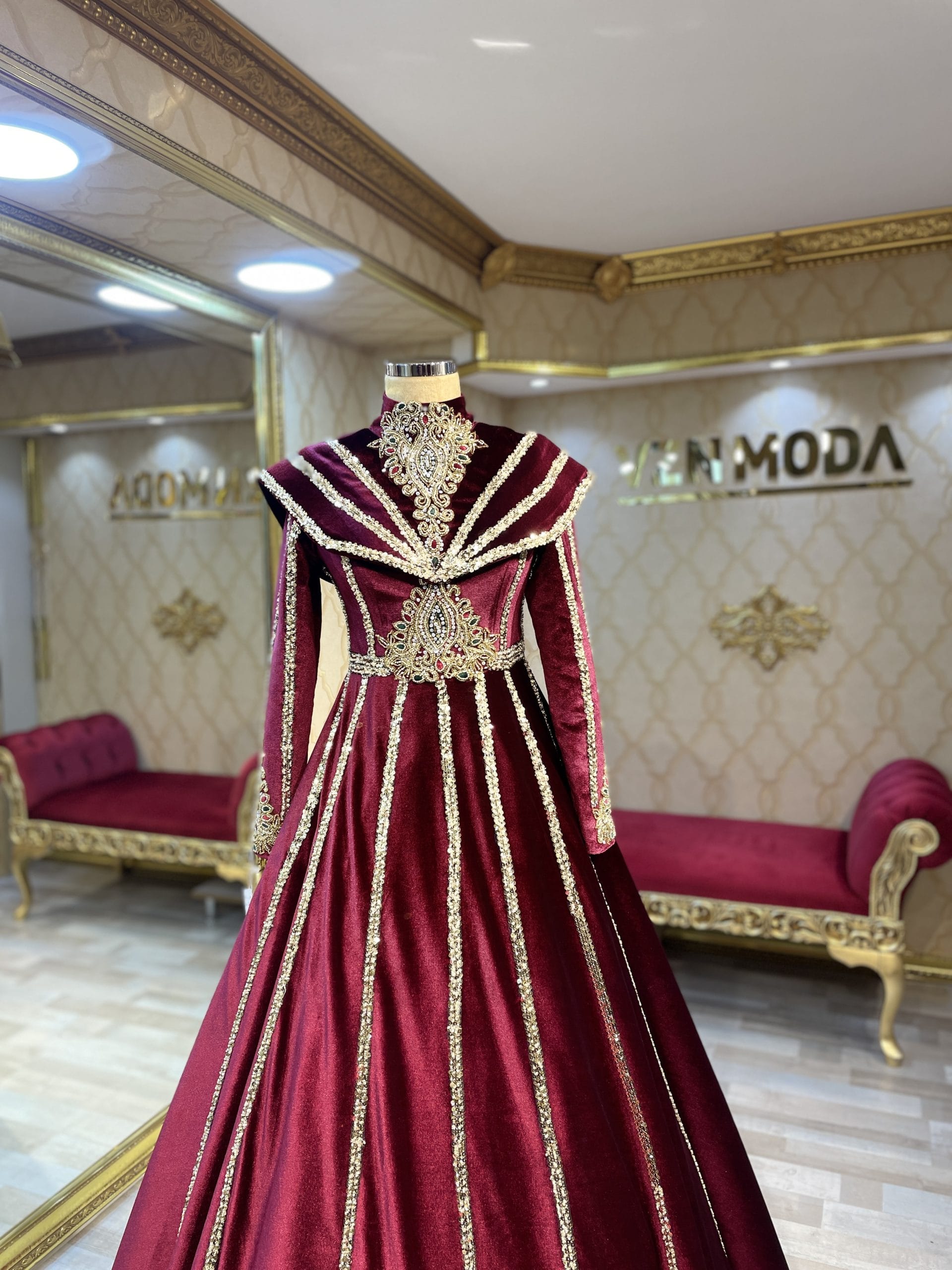 Dilek Bordo Kadife Kaftan Kınalık Bindallı - Görsel 3