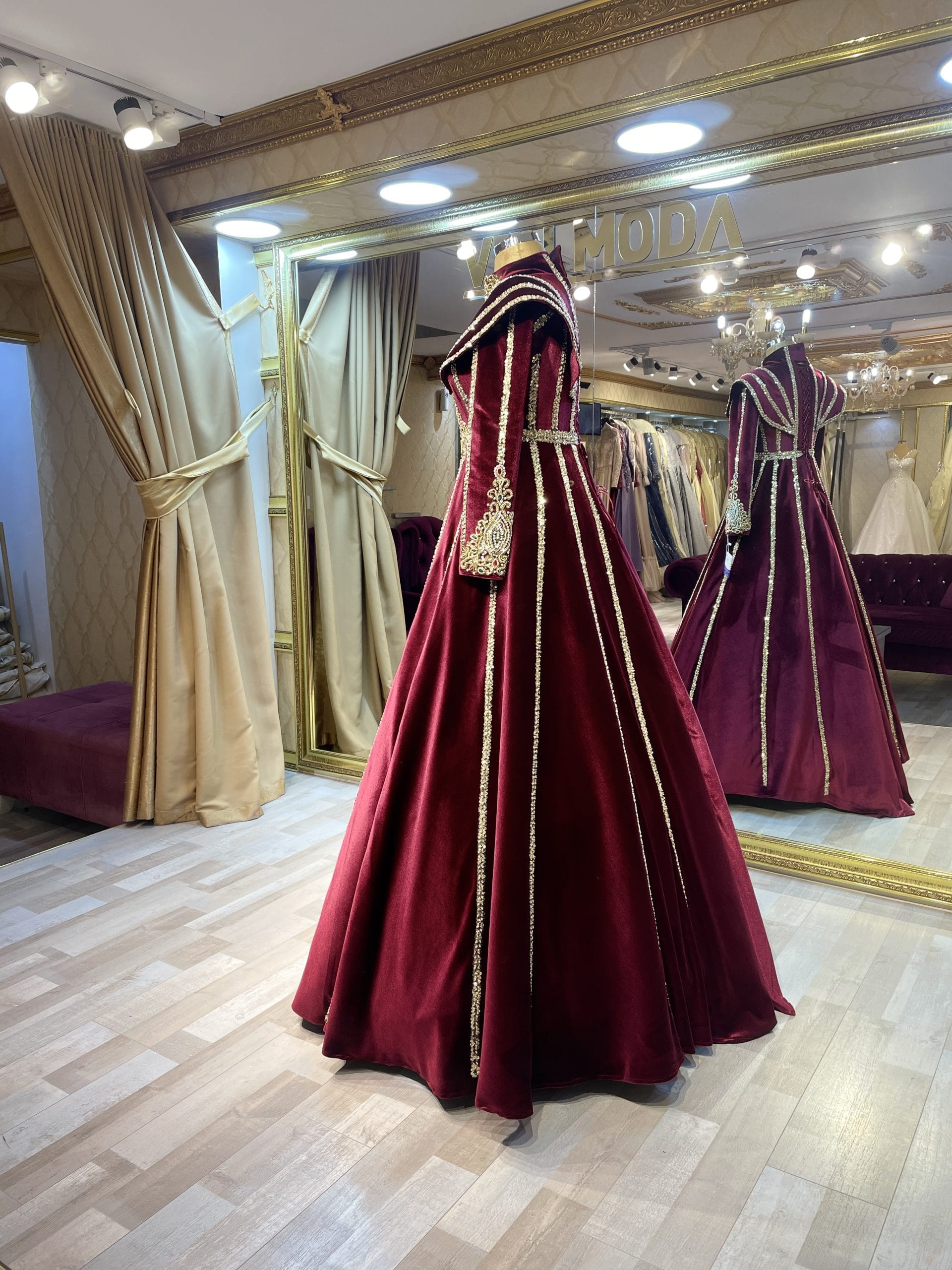 Dilek Bordo Kadife Kaftan Kınalık Bindallı - Görsel 4