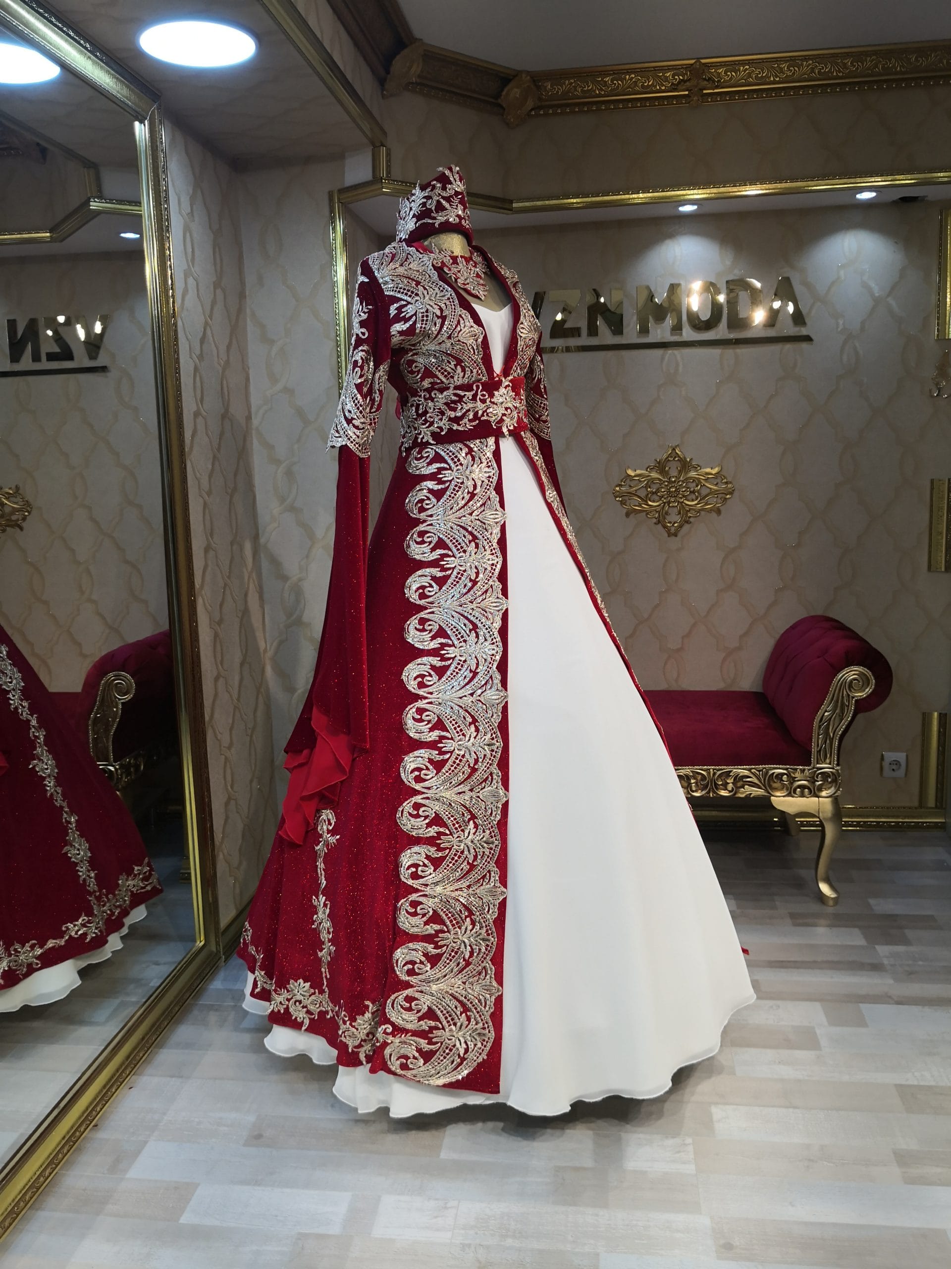 Hüma Model Kırmızı Kadife Kaftan Kınalık - Görsel 4
