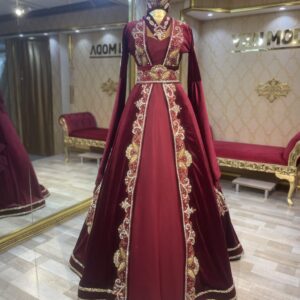 Pınar Bordo İşlemeli Kadife Kaftan Kınalık