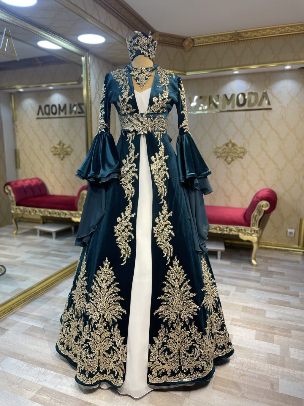Sonay Yeşil Kadife Kınalık Kaftan - Görsel 5